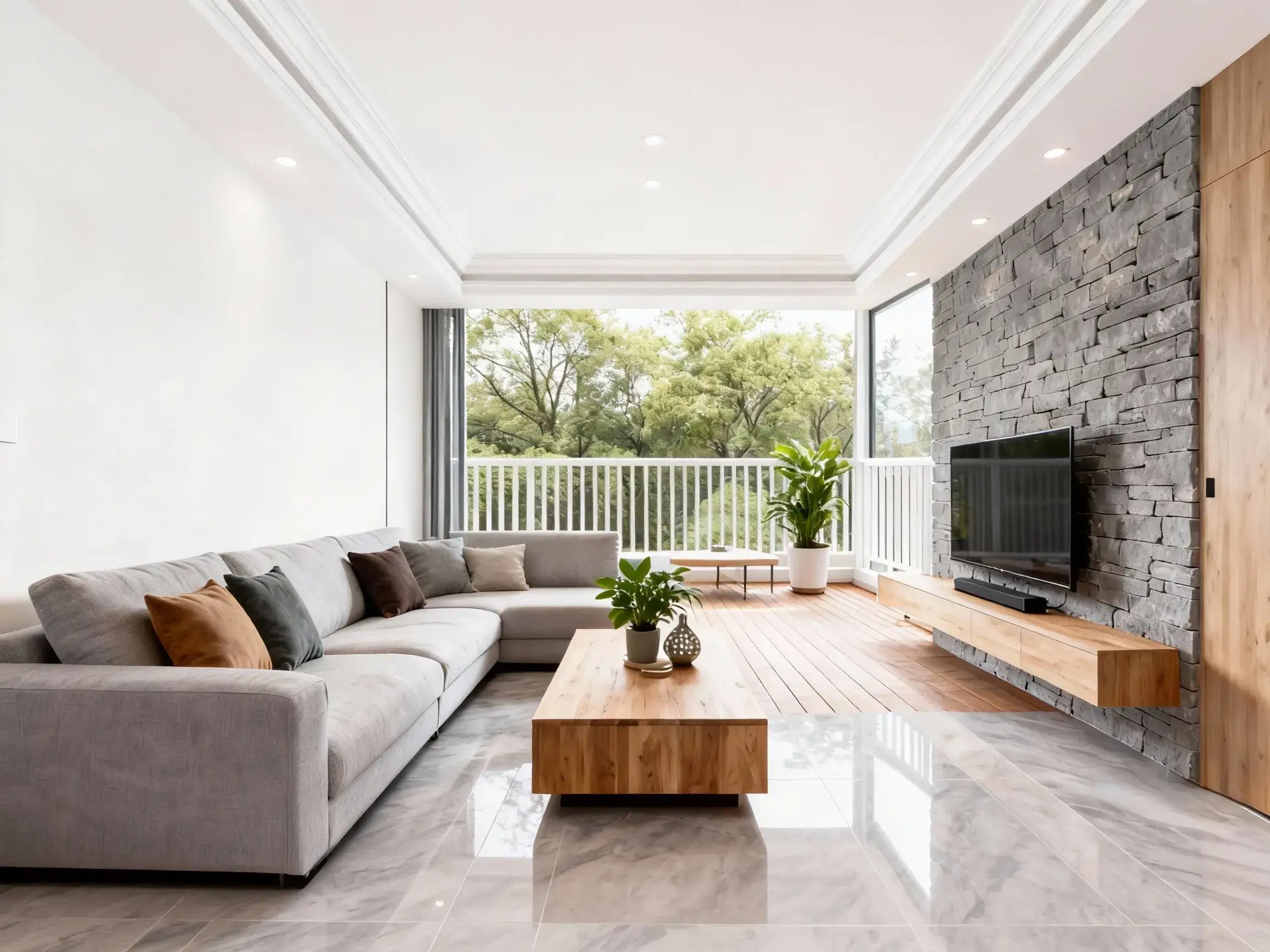 Ein professionelles Innenarchitektur-Rendering des Wohnzimmers.