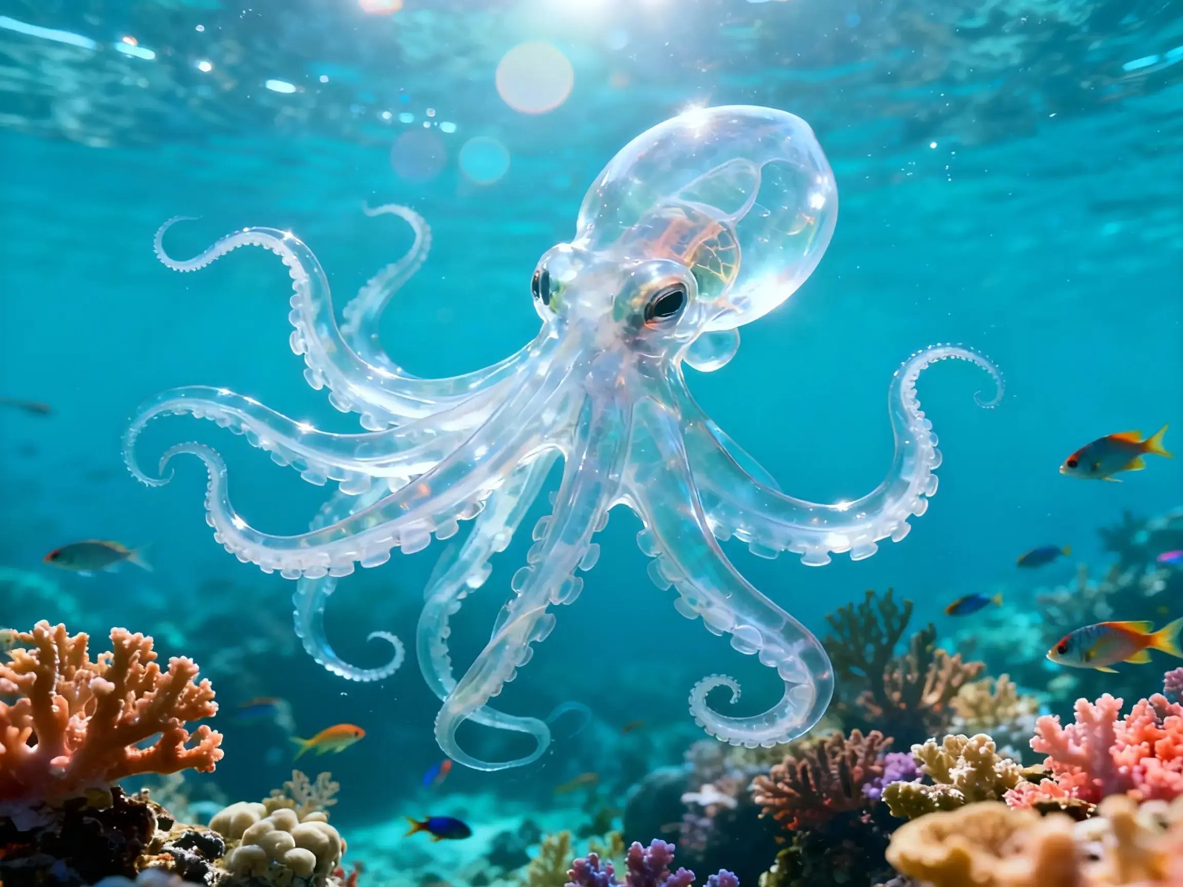 Im klaren Meerwasser befindet sich ein durchsichtiger und fantastischer Oktopus.