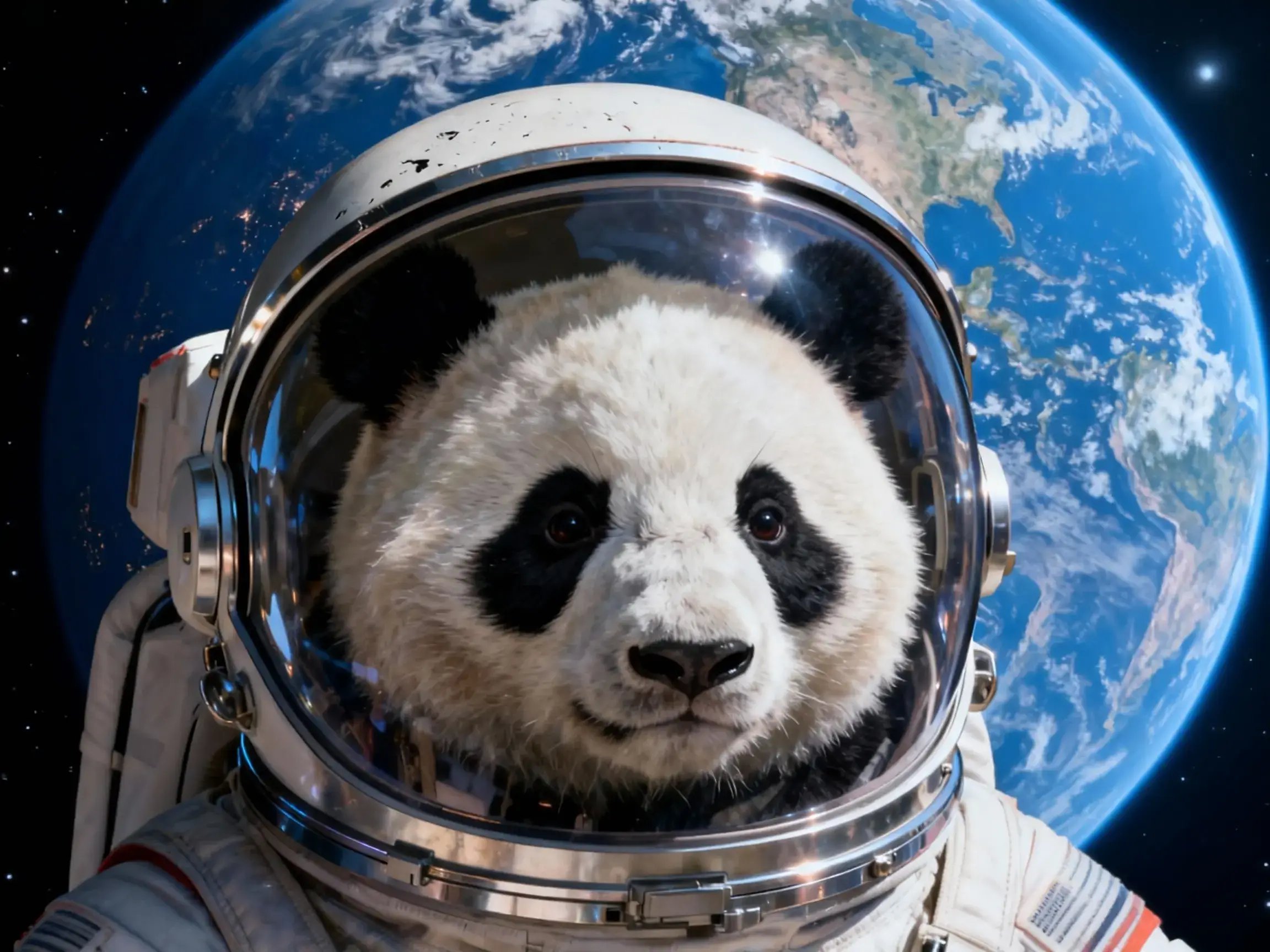 Ein Panda in einem Astronautenanzug macht ein Foto mit der Erde im Weltraum.