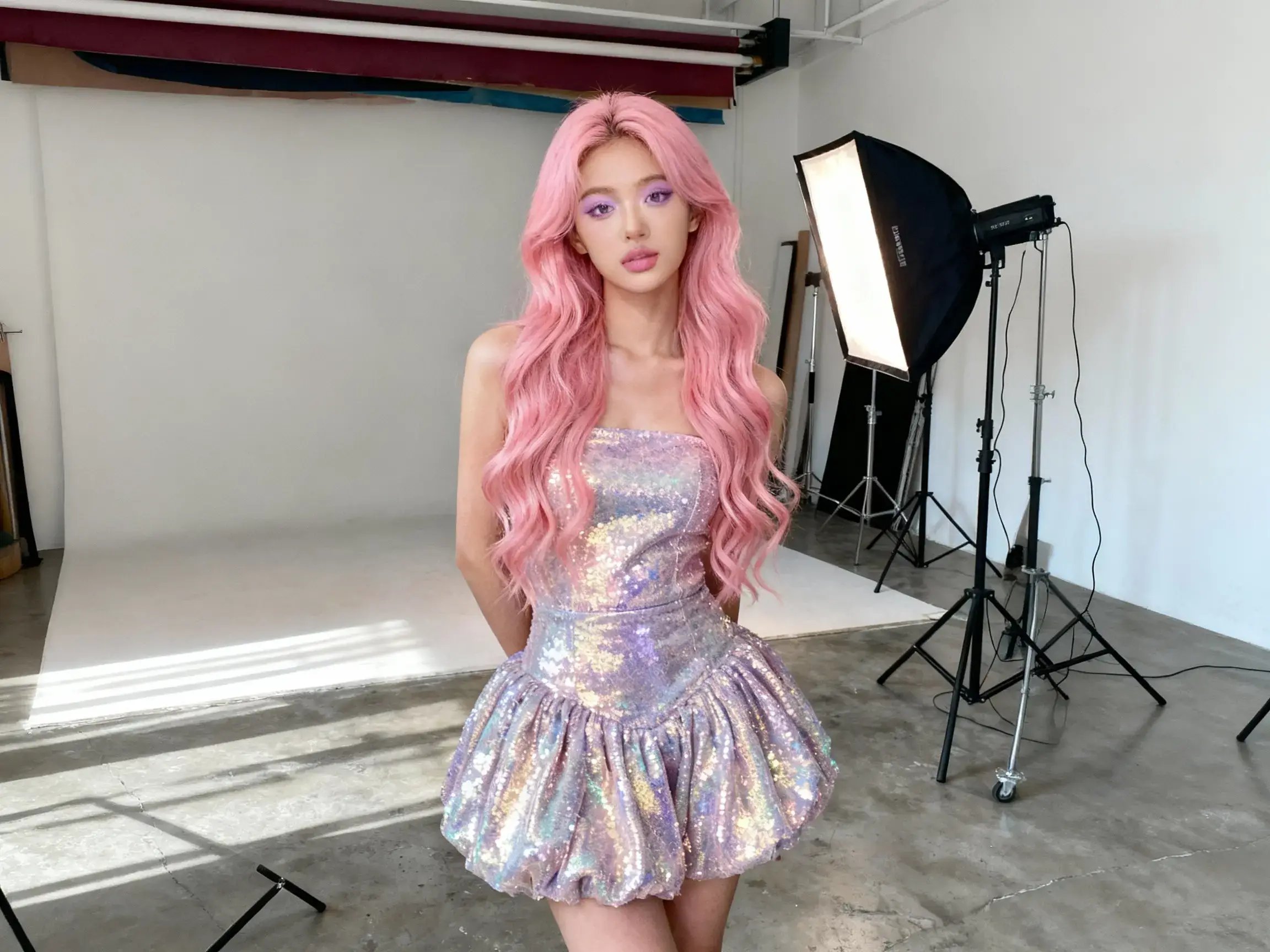 Ein weibliches Model mit pinken Haaren im Studio.