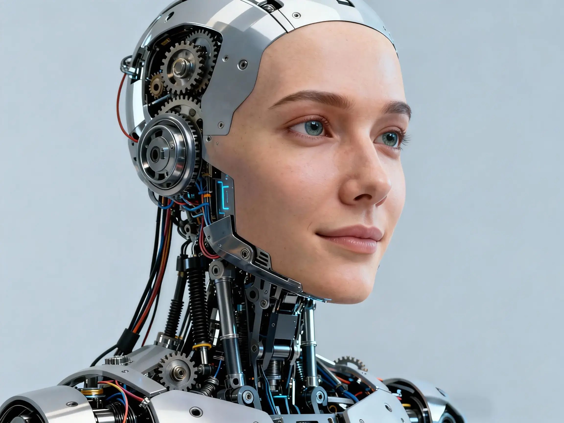Ein realistischer Roboter, mit einem lebensechten Gesicht und mechanischen Merkmalen im Rest seines Körpers.