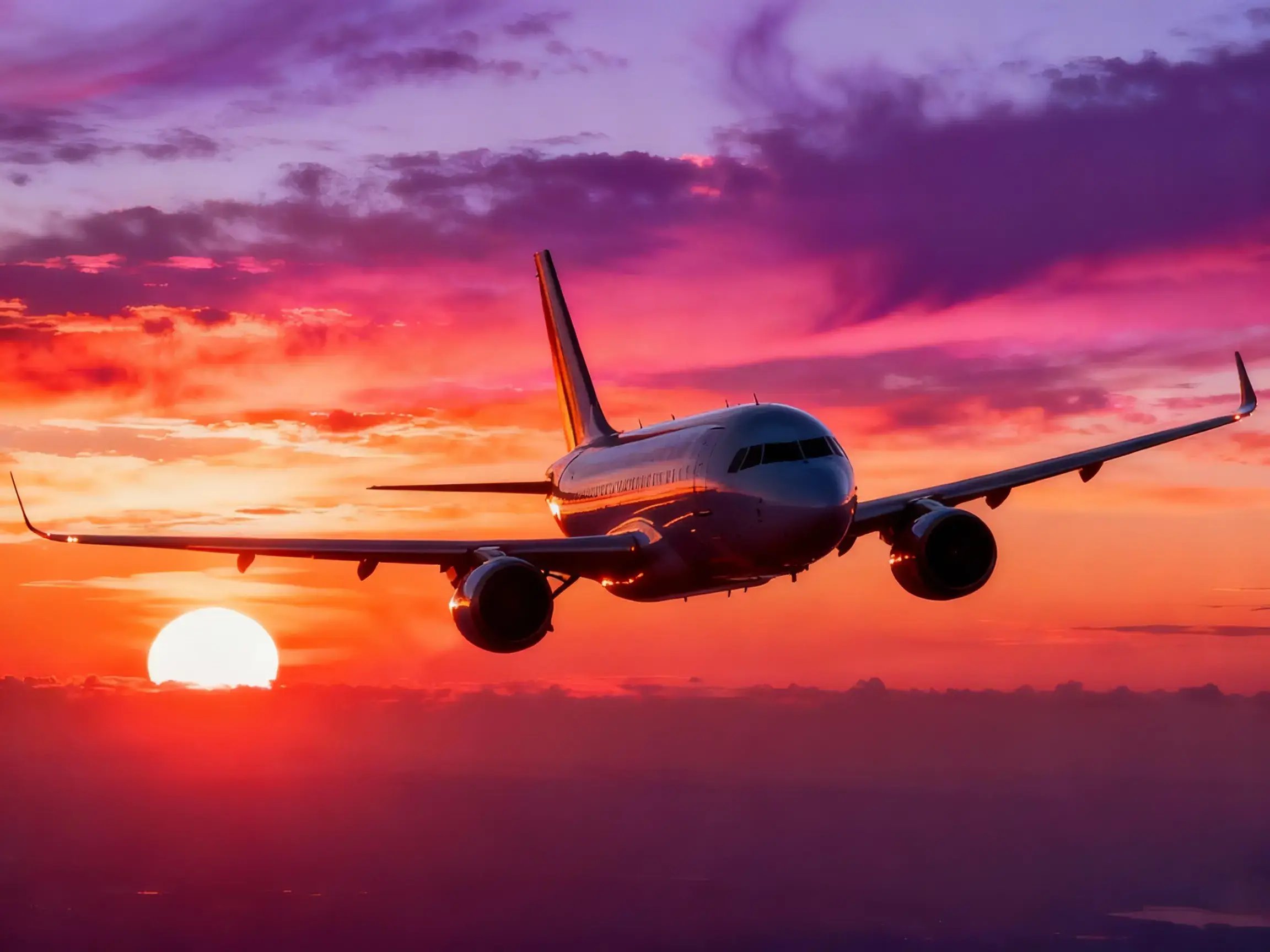 Ein Passagierflugzeug fliegt unter der untergehenden Sonne in der Dämmerung.