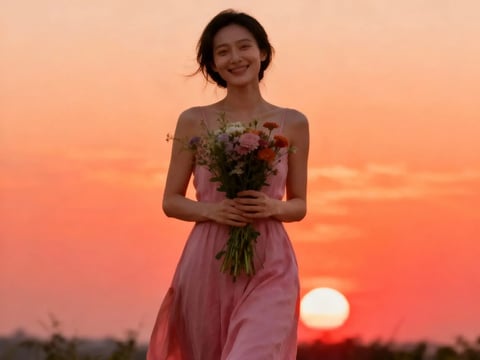 Das Mädchen im pinken Kleid, Blumen haltend, ging langsam auf uns zu unter der untergehenden Sonne.