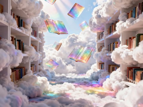 Eine Bibliothek schwebend in den Wolken, mit durchscheinenden, farbigen vertikalen Paneelen, die in der Luft schweben.