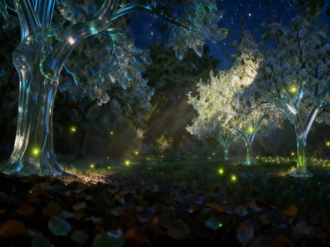 Ein Wald aus Glas mit Bäumen, überall sind Glühwürmchen verstreut.