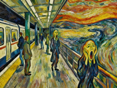 Eine U-Bahn-Station im Stil von Munch, mit Gesichtern von Menschen, die einen schreienden Ausdruck zeigen.
